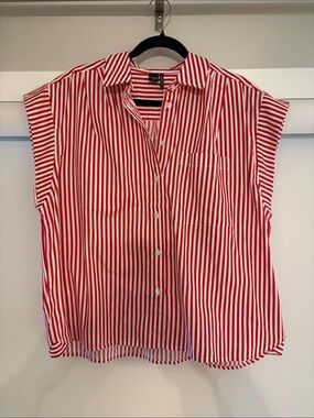 Sleeveless Red & White Striped Button-Down Shirt - Casual Chic